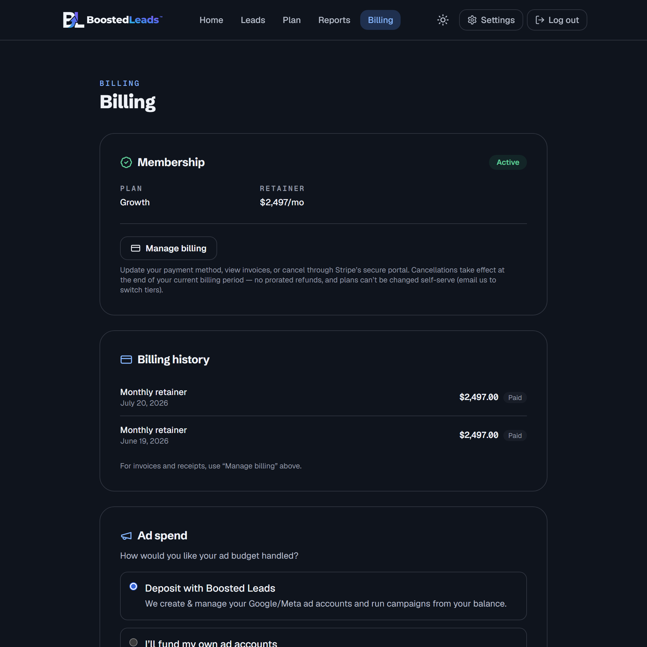 The Billing page: your plan and retainer, payment history, and how your ad budget is handled (demo data)