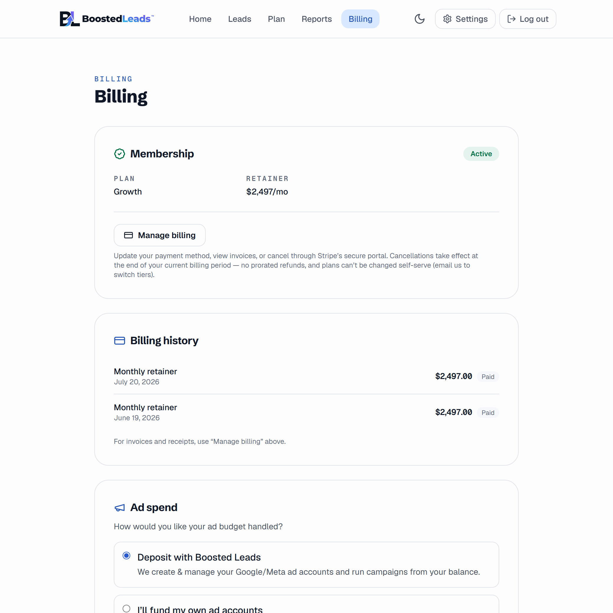 The Billing page: your plan and retainer, payment history, and how your ad budget is handled (demo data)