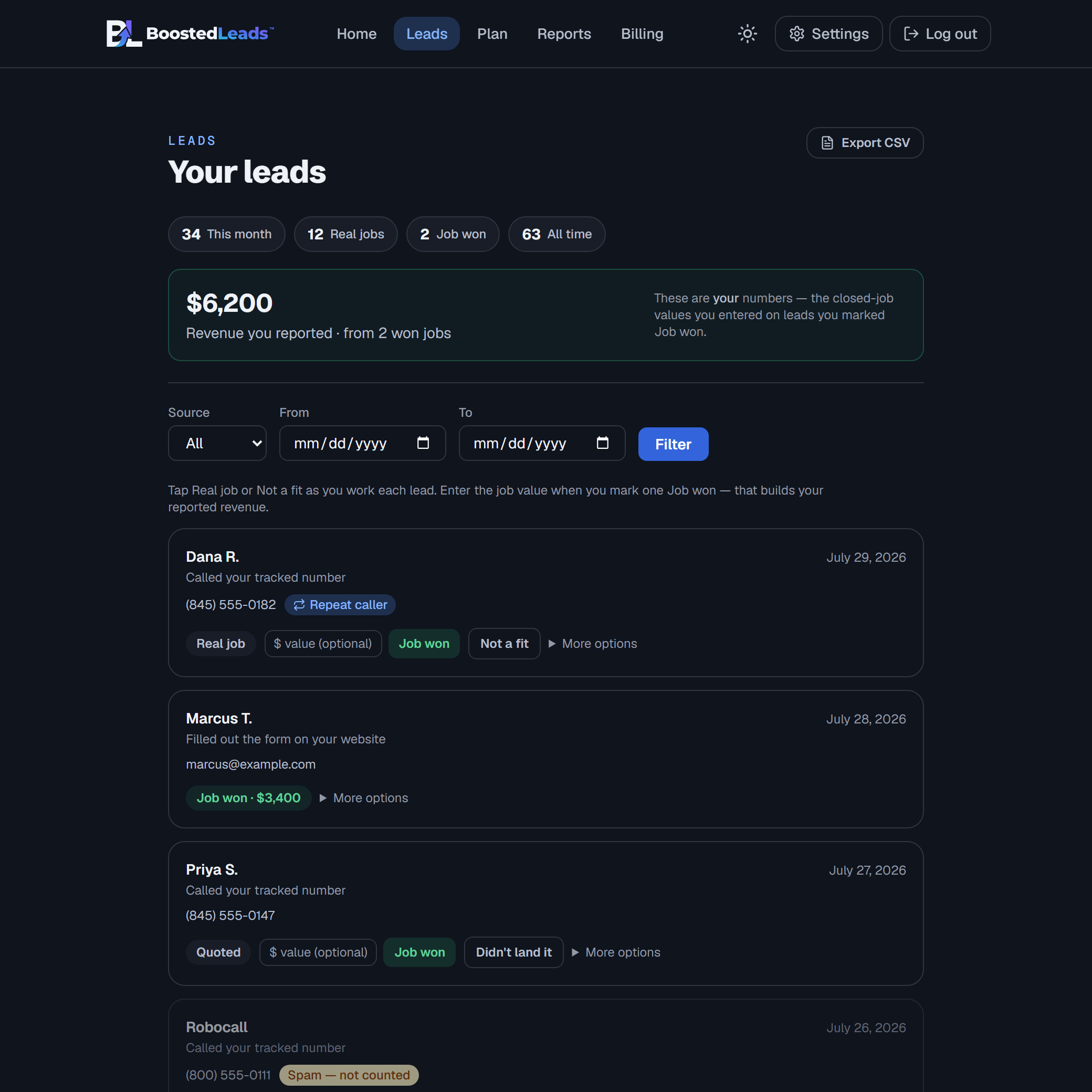 The Leads page: every call and form fill with one-tap buttons to mark each one a real job, quoted, or won — spam is flagged and not counted (demo data)