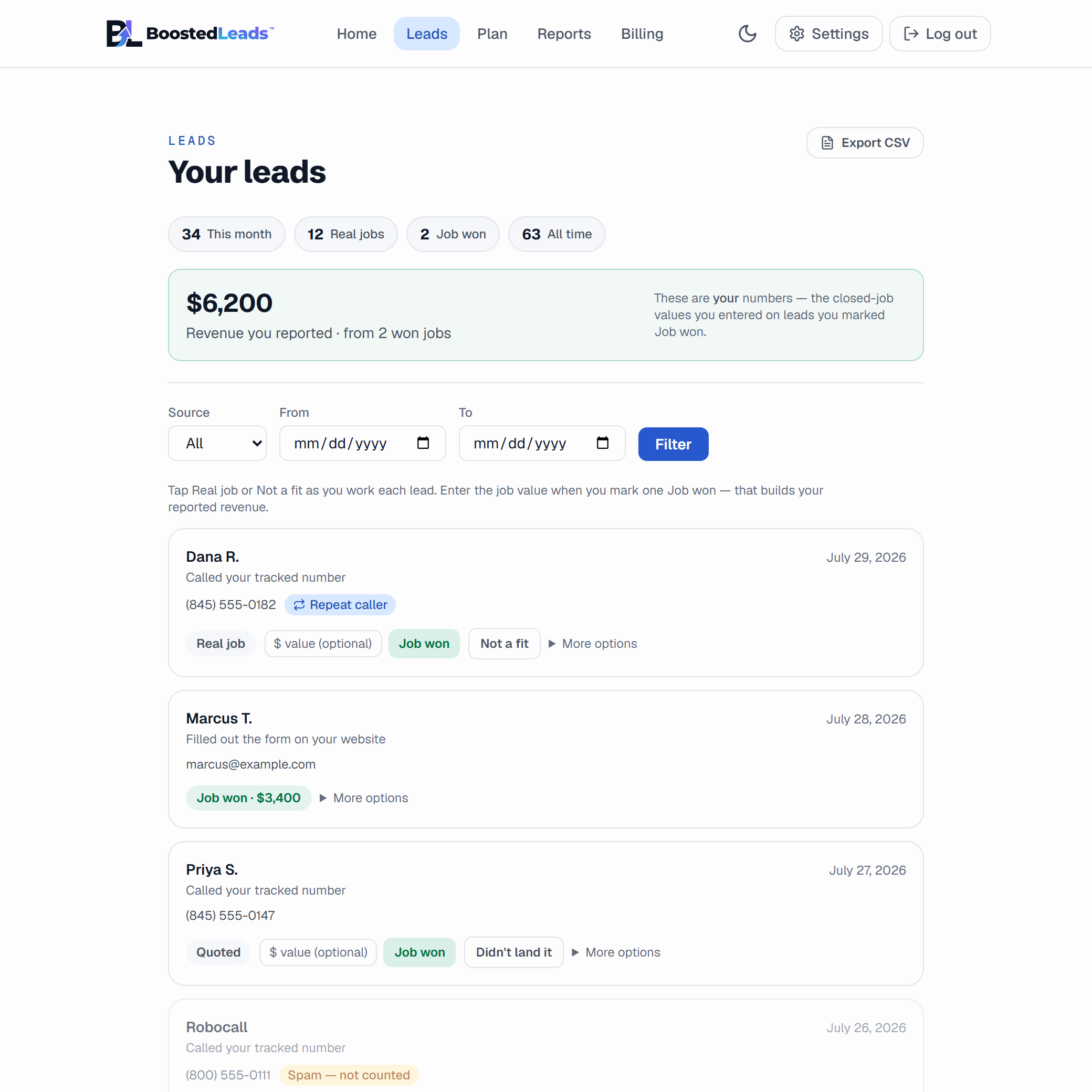 The Leads page: every call and form fill with one-tap buttons to mark each one a real job, quoted, or won — spam is flagged and not counted (demo data)