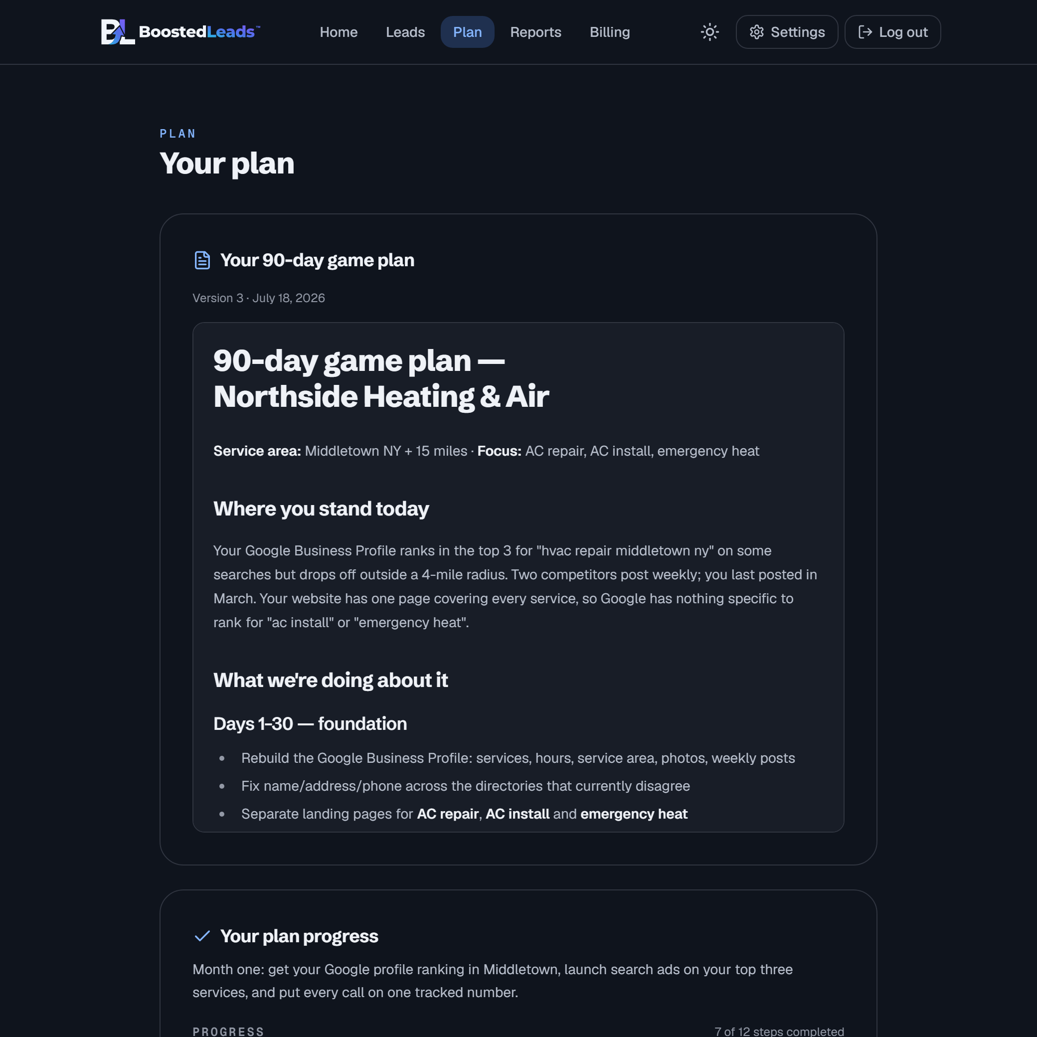 The Plan page: your 90-day game plan in plain English, with step-by-step progress that checks off as work completes (demo data)