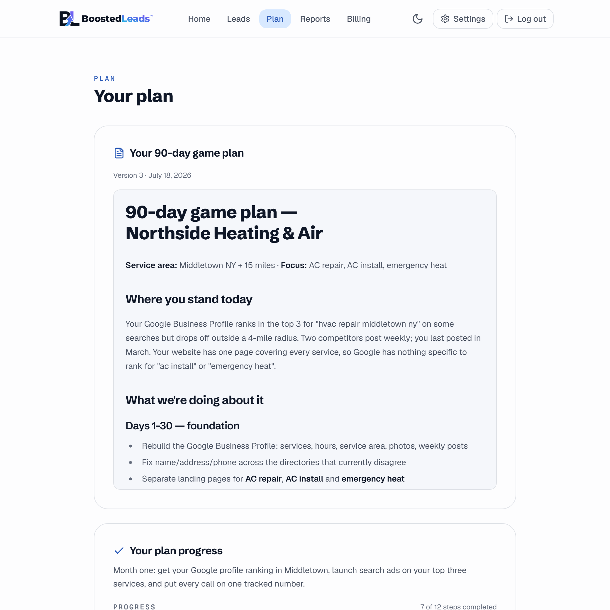 The Plan page: your 90-day game plan in plain English, with step-by-step progress that checks off as work completes (demo data)